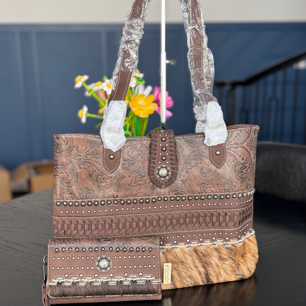 Trinity Ranch Hair on Hide Handbag and Wallet Coffee